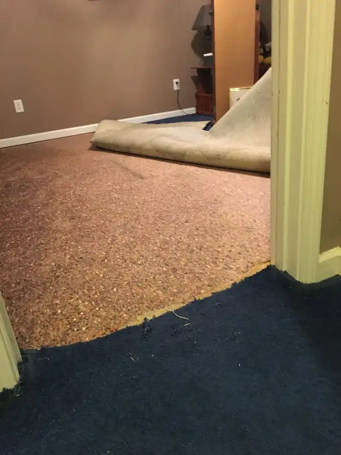 Carpet pad removal revealing water damage during Water Mitigation Services in Atlantic Beach